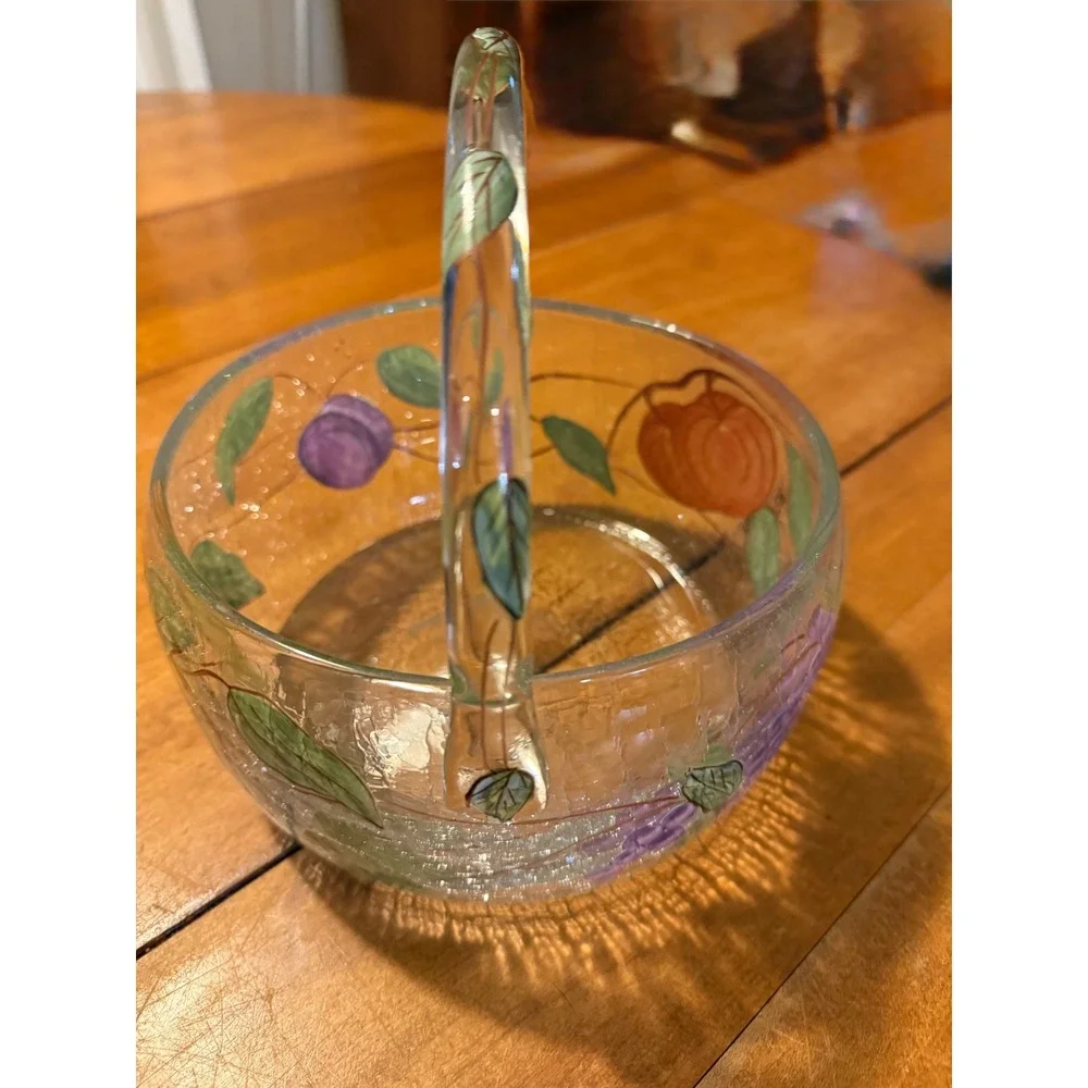 Hand Painted Crackle Glass Fruit Basket Bowl Grapes Pear Plum Centerpiece Decor